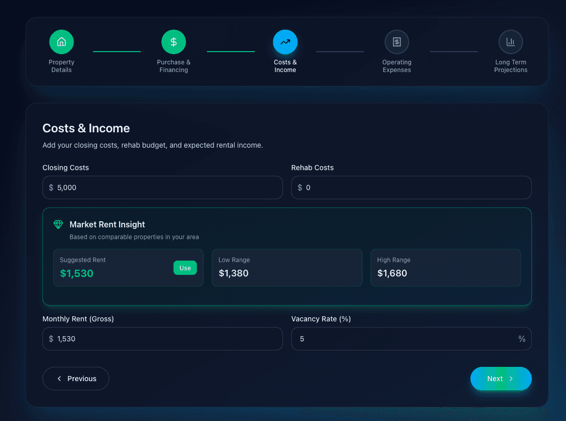 Easy property input form with address autocomplete and step-by-step wizard